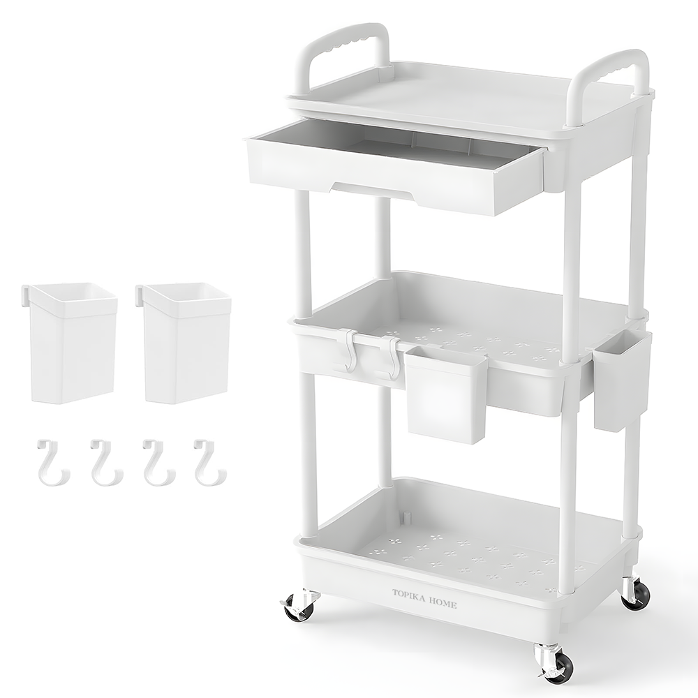Topika - Rolling Storage Cart, Plastic Rolling Storage 3 Tier with Drawer