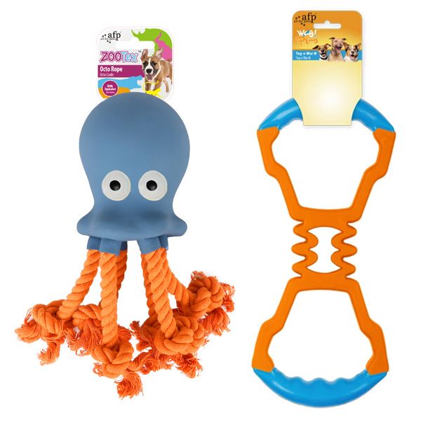 All For Paws Dog Toy Combo Deal - Rubber Tug Toy + Octo Rope Squeaky Toy