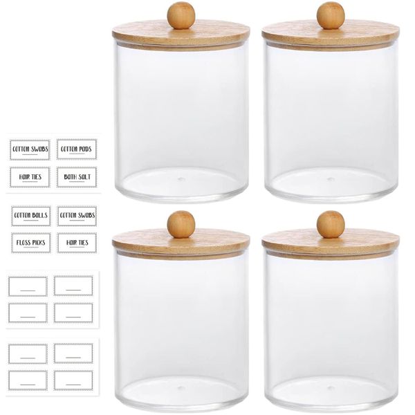 4-Pack Qtip Holder Dispenser with Bamboo Lids Apothecary Jar Containers