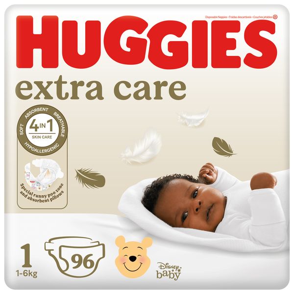 Huggies Extra Care - Size 1 New Baby (Up to 6kg) - 96 Nappies Value Pack