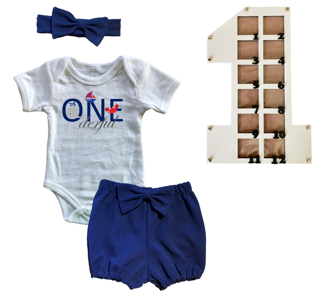 First Birthday Outfit-Bubble shorts &amp; Photo Frame- Navy-Sailor One'derful