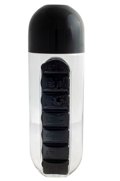 Water Bottle with Pill Organizer – Black