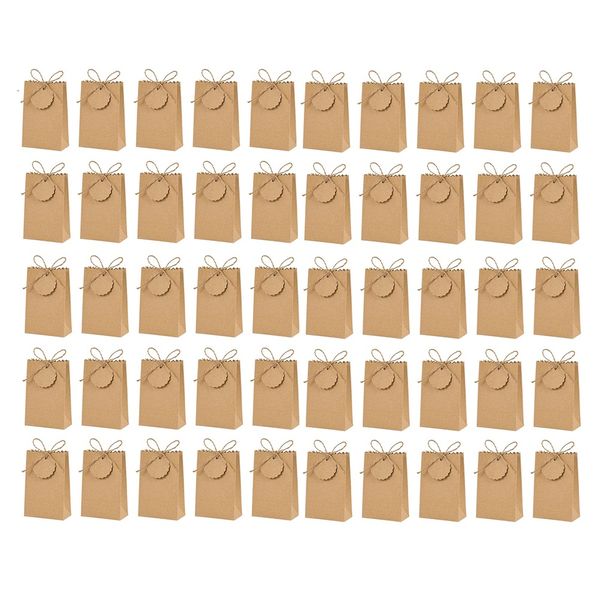 50Pcs Kraft Paper Gift Box With Ribbon Tag Candy Packaging Bag Brown