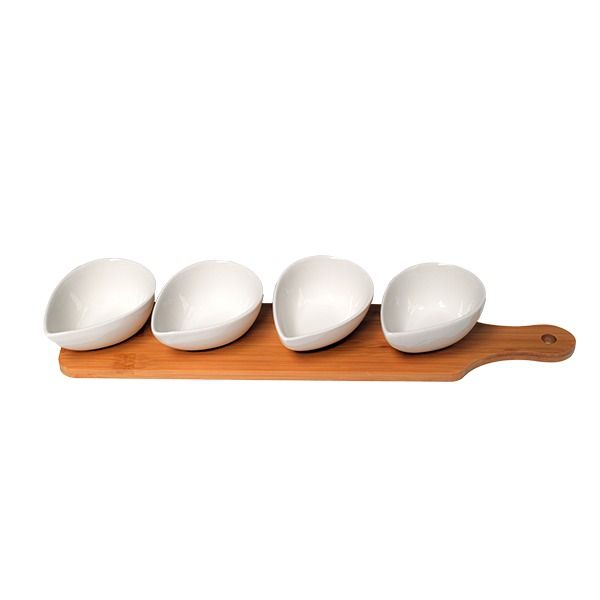 Set of 4 Appetizer Bowls With Serving Bamboo Wood Board Platter - White