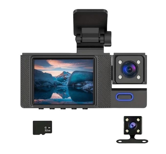 1080P HD 3 Channel Dash Camera With Loop Recording &amp; 32GB SD Card - Black