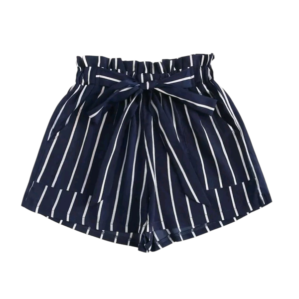 Women's High-Waisted Paperbag Shorts - Navy and White