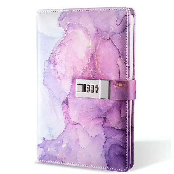 YB Sparkle - Diary Journal with Pad Lock + Storage Bag - Purple Marble