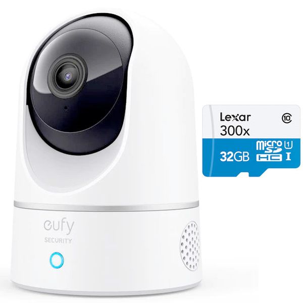 Eufy Indoor Security Camera 2K Pan &amp; Tilt With Lexar 300x 32GB MicroSD Card