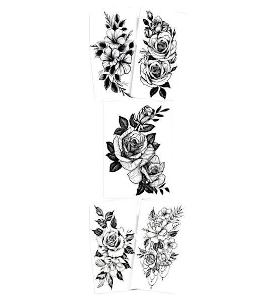 5-Piece Black Assorted Floral &amp; Rose Design Semi-Permanent Tattoo