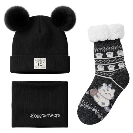 4 pieces Kids Soft Thermal Warm Winter Beanie Neck Warmer Winter Socks Set Image