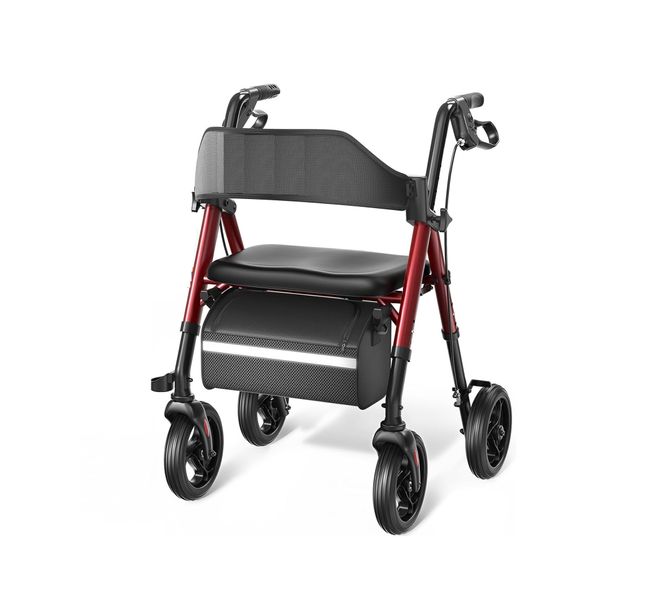Adjustable 4-Wheel Rollator Walker - Foldable Mobility Aid with Seat (Red)