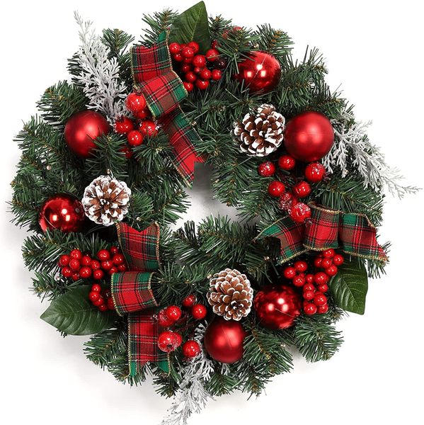 42 CM Christmas Wreath for front door with red and green ribbon&amp; ornaments