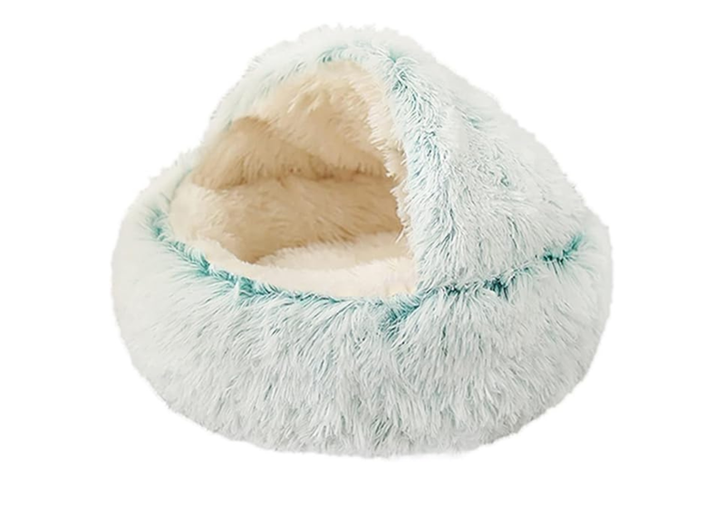 Fluffy Plush Cat Cave Round Hooded Donut Pet Bed Warm Indoor In Green Small