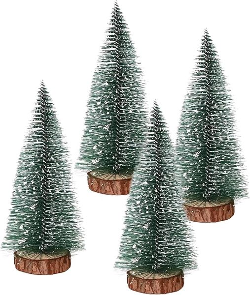 Set of 4 Miniature Christmas Pine Trees Tabletop Decor with Wood Base