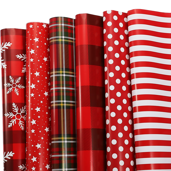 6 Rolls Christmas wrapping paper red gift wrap sheets - 50x70cm