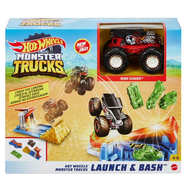 Hot Wheels Monster Trucks Launch &amp; Bash Play Set with 4 Crushed Cars 1:64 Scale Monster Truck for Crashing and Smashing