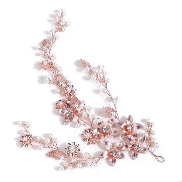 Pearls Crystal Rhinestone Headband Rose Gold Leaf Flowers Bride Hair Vine