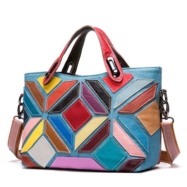 Women's Genuine Leather Multicolor Flower Tote hand bag Shoulder Bag