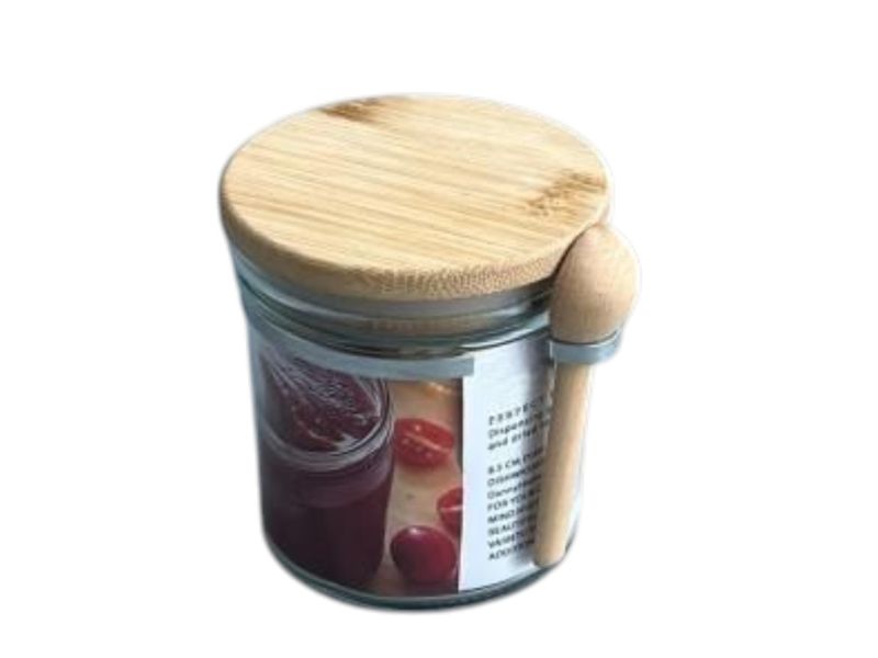 Premium Glass Storage Jar with Bamboo Lids &amp; Wooden Spoons 300ml - Set of 3