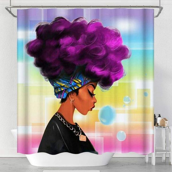 Shower Curtain African American Woman Afro Lady with Purple Hair 180 x180cm