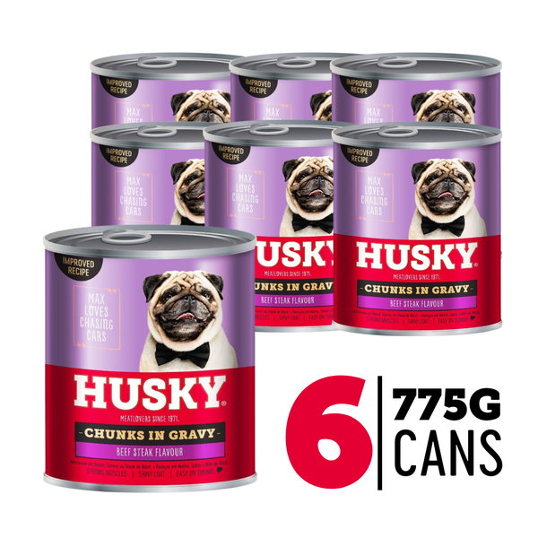 Husky Steak Flavour Chunks in Gravy (6 x 775g) Wet Dog Food Cans