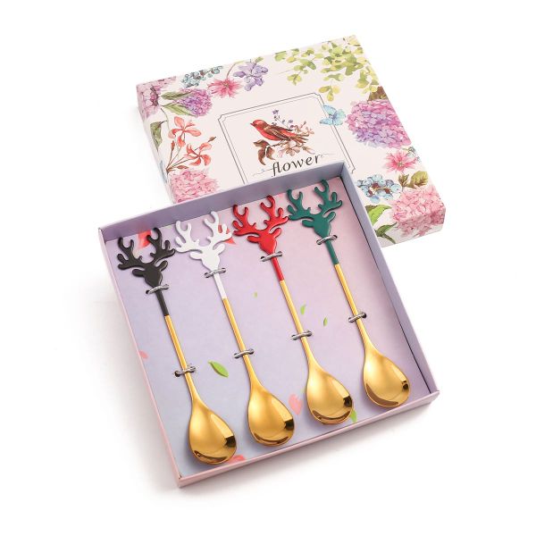 4 Piece Christmas Deer Ornament Dessert Spoon Coffee Tea Spoon Gift Set