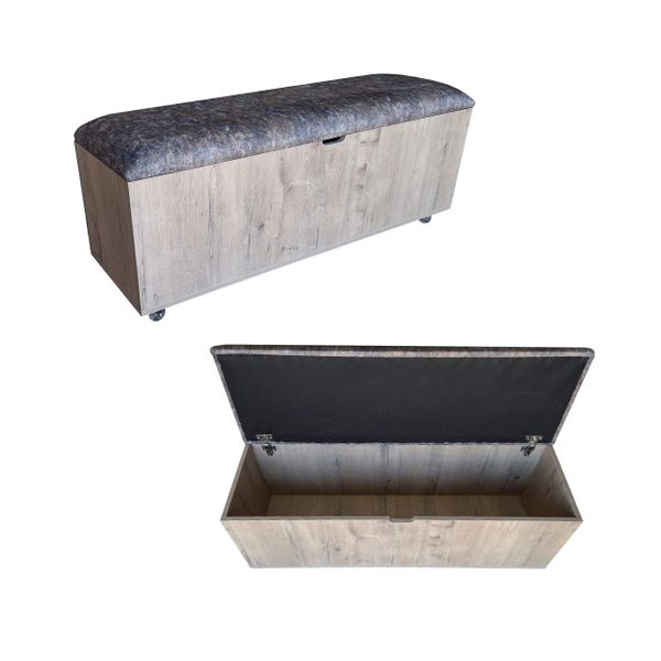 Sit n Stow Mobile Padded Ottoman Storage Bench, Lift Top - Rustic Wood