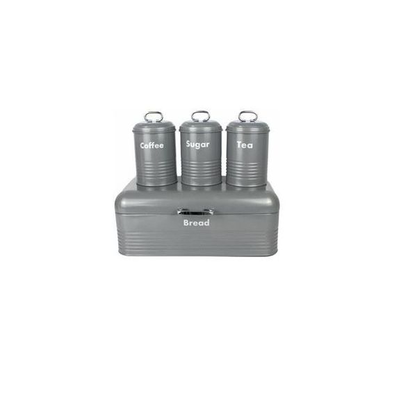 Double Loaf Retro Breadbin Steel Design with 3 Piece Matching Canister Sets
