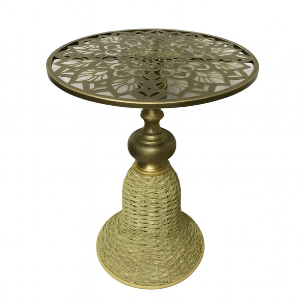 Floral Gold Woven Metal Accent Side Table - Boho Round Design