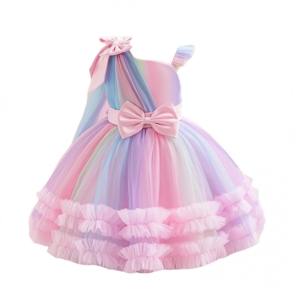 Rainbow One-shoulder Princess Dress for Girls - Pink Pastel