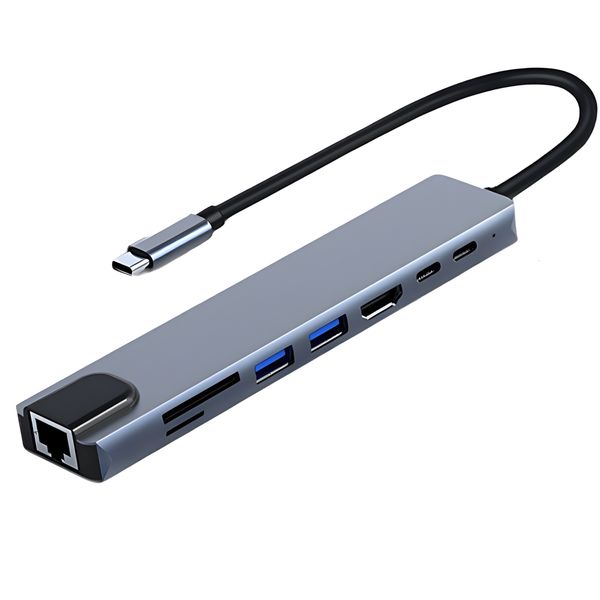 USB 8 in 1 Type C 3.1 to 4k HDMI Hub Adapter with SD Tf RJ45 Card Reader,