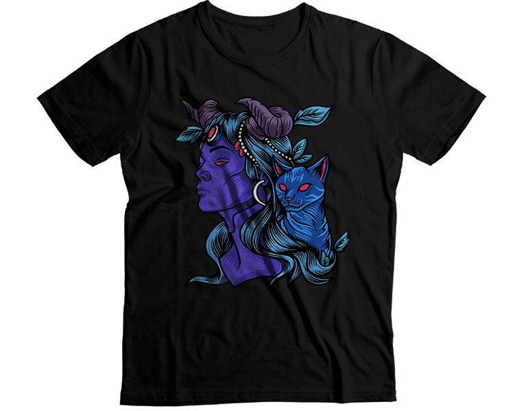 Woman Horns with Cat Graphic T-Shirt