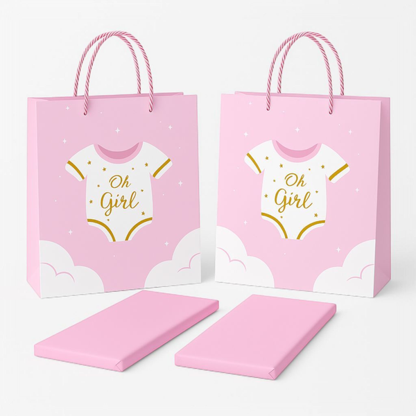 2 x Baby Shower Gift Premium Bags with 2 x Matching Pink Tissue Papers Set