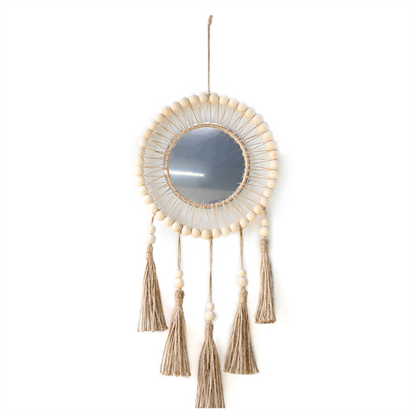 Wall Mirror Hanging Wall Mirror with Wood Beads Fringe Handmade Round