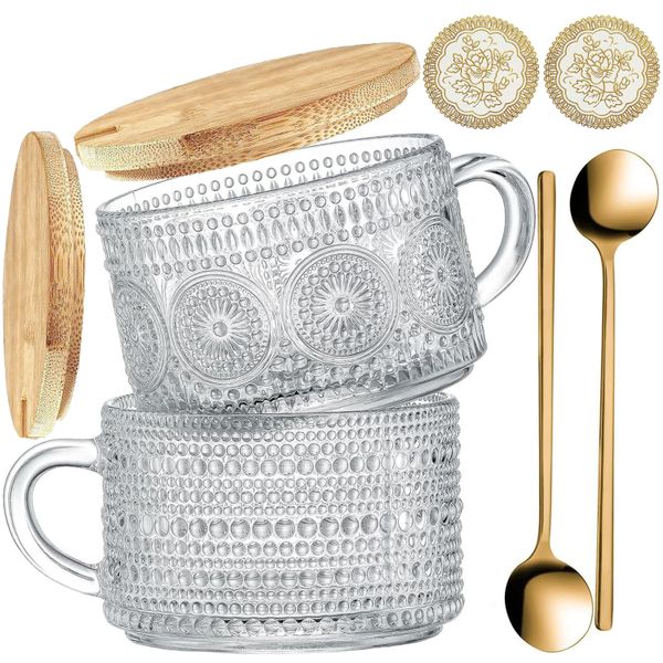 2 Pack Vintage Coffee Cups Tea Mugs With Bamboo Lid-Valentines Gift For Her