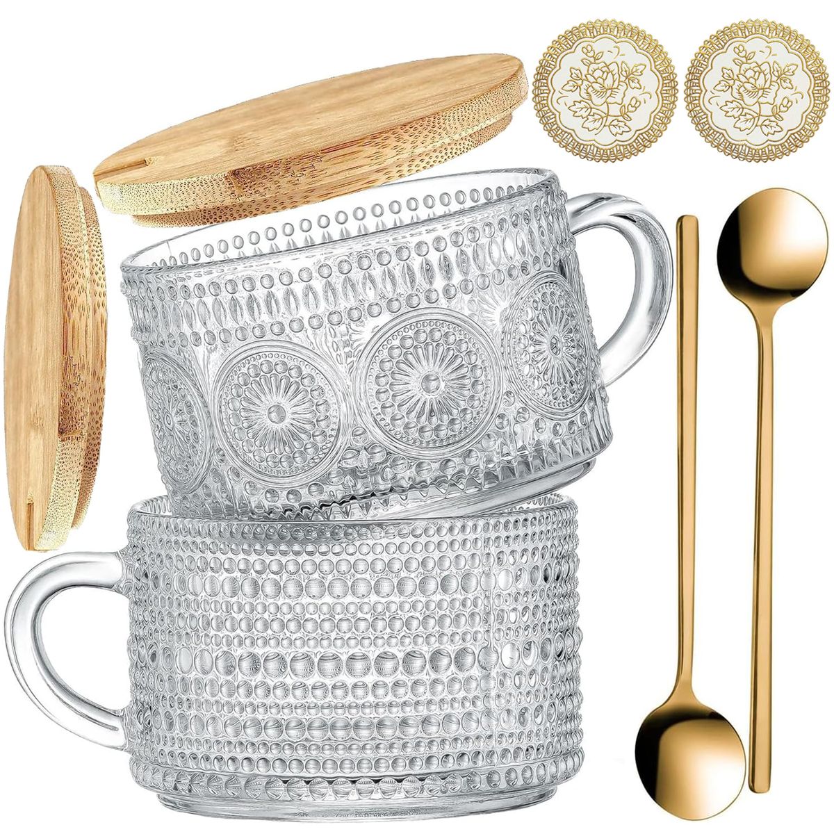 2 Pack Vintage Coffee Cups Tea Mugs With Bamboo Lid-Valentines Gift For Her