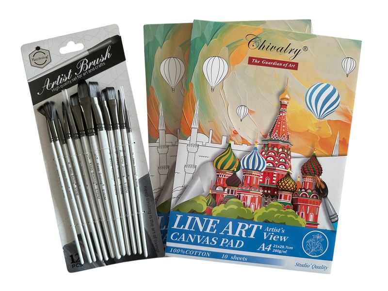 Chivarly Art Coloring Kit - 12 Brushes &amp; 2 A4 Cotton Canvas Pads