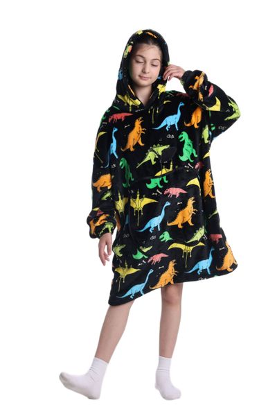 Iconix Kids Plush Oversized Blanket Hoodie with Sleeves - Colourful Dino