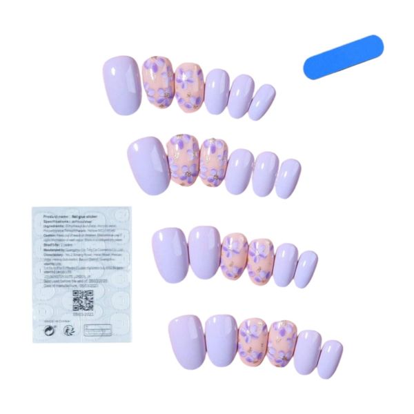 24Pcs Short Oval Flower Design Press-On Nails - Purple/Gold