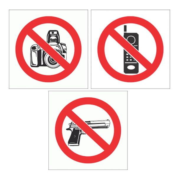 Safety Signs - 3Pc - No Cameras, No Cell Phones, No Firearms - 29cm x 29cm