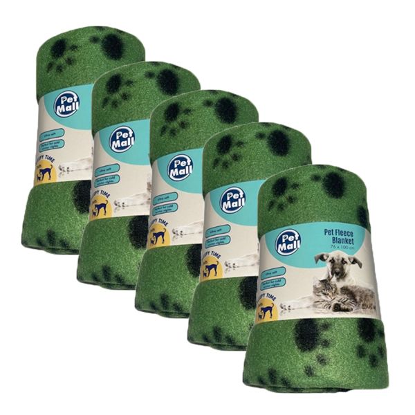Pet Mall Pet Fleece Blanket Green Paw Print (76 x 100cm) - 5 Pack