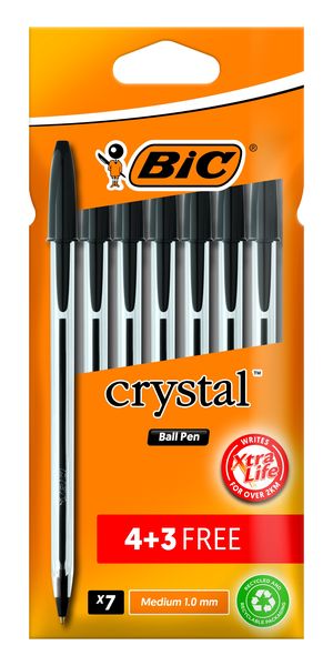 BIC Crystal Medium Xtra Life Ballpoint Pens - Black (Blister of 4+3)