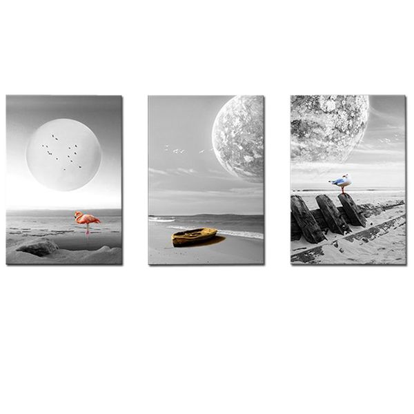 Canvas-Art-3 Pieces Grey Moon Abstract Wall Art