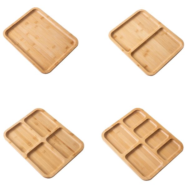 Bamboo Tray Set Food Compartment Tray No Lid - 4 Pieces