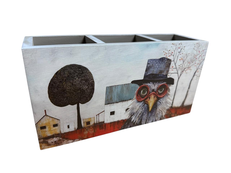 Cutlery/Stationary Holder - Grey Hat Rooster with Funny Feathers