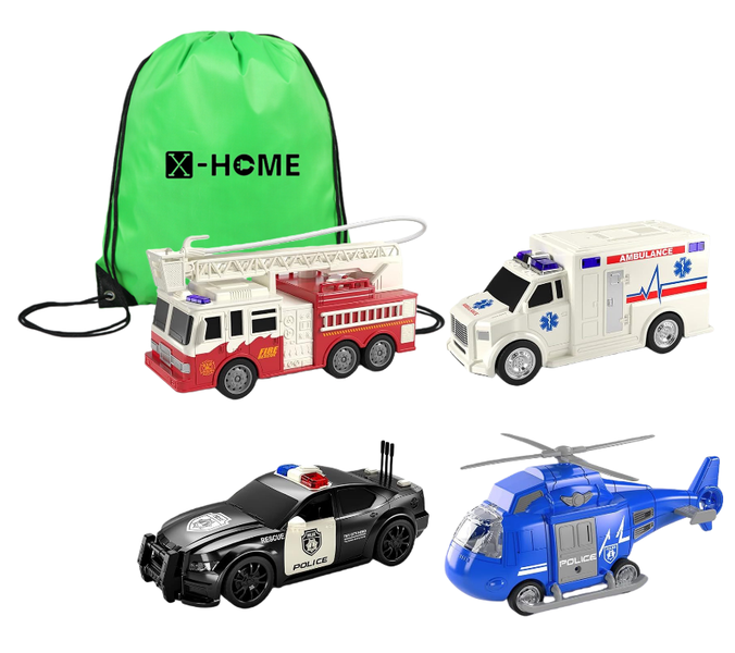 X-HOME Kids Toy Police Fire &amp; Rescue Emergency Cars &amp; Helicopter Set-4 Pack