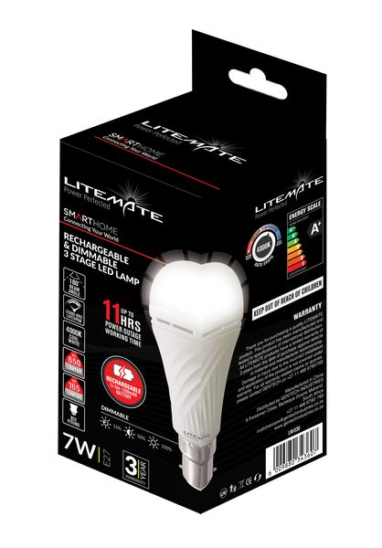 Litemate Rechargeable &amp; Dimmable 7W LED A60 Bayonette Light Bulb