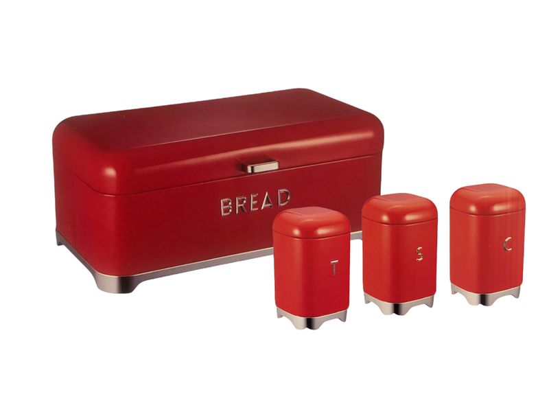 Continental Homeware Red Bread Bin with 3Pcs Canister Set