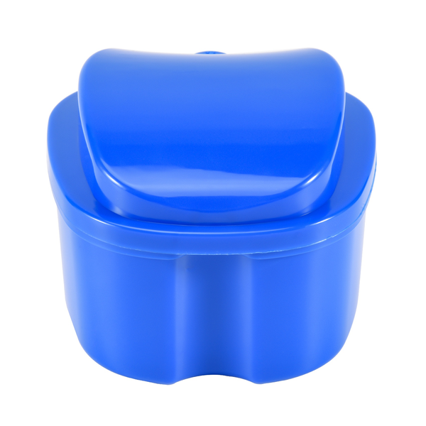 Dark Blue Denture Case, Cup With Strainer, With Net Container Holder