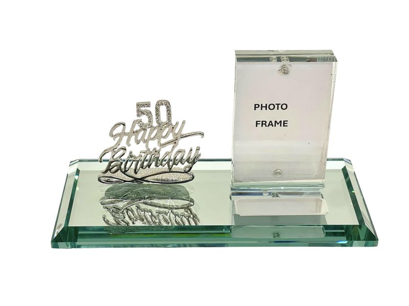 Diamante 50 on Happy Birthday 50th Key On Glass Mirror Base